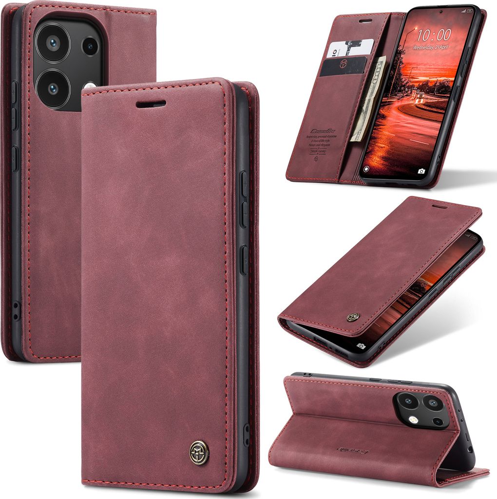 Redmi Note 13 4G Hülle, Retro Kunstledertasche mit Standfunktion Schutzhülle für Xiaomi Redmi Note 13 4G Rot
