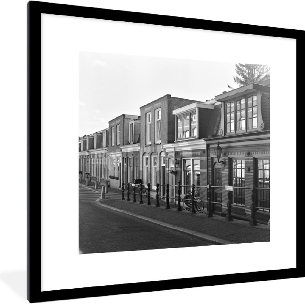 MuchoWow Gerahmtes Poster Stadthäuser in Amsterdam - Schwarz und Weiß 40x40 cm - Poster mit Schwarzem Bilderrahmen Wandposter Rahmen Foto Bilde...