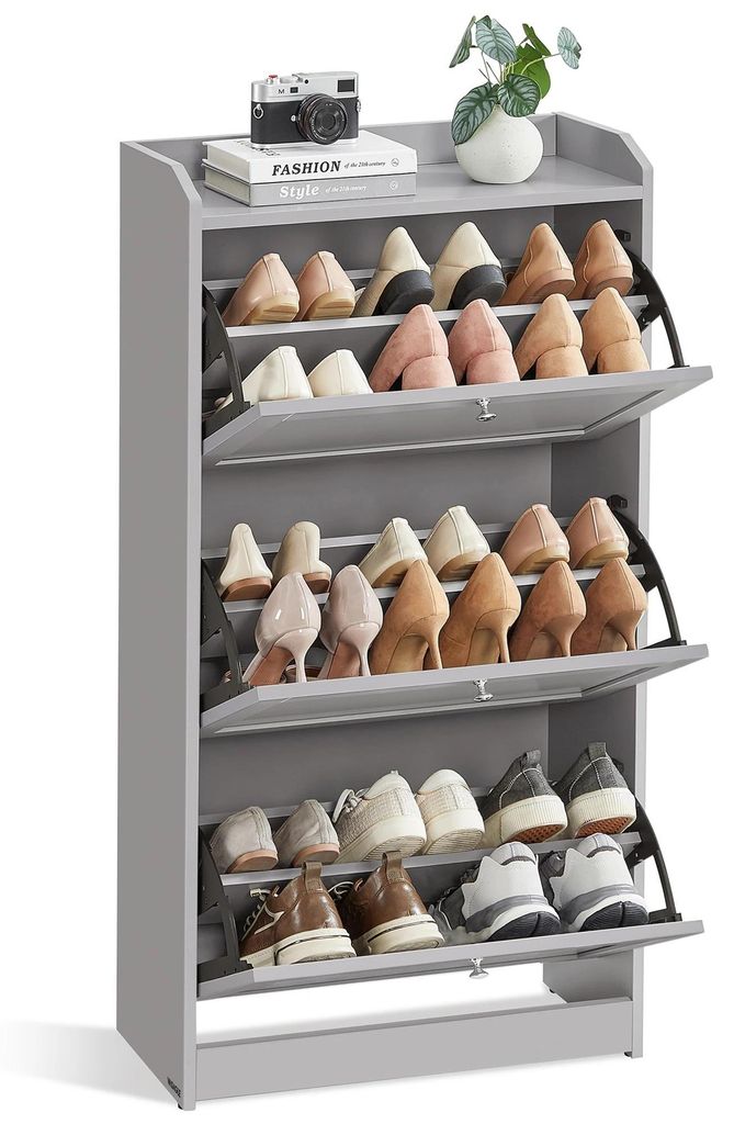 Schuhschrank - Schuhregal - 3 Klappen - Verstellbare Trennwand - Deckplatte als Ablage - Hellgrau