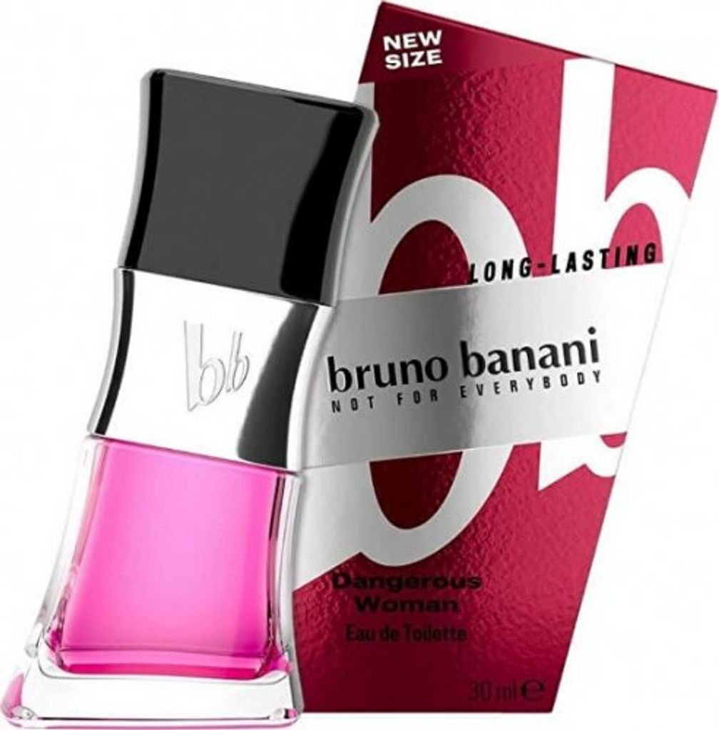 A bottle of Bruno Banani Dangerous Woman Eau de Toilette and its packaging.