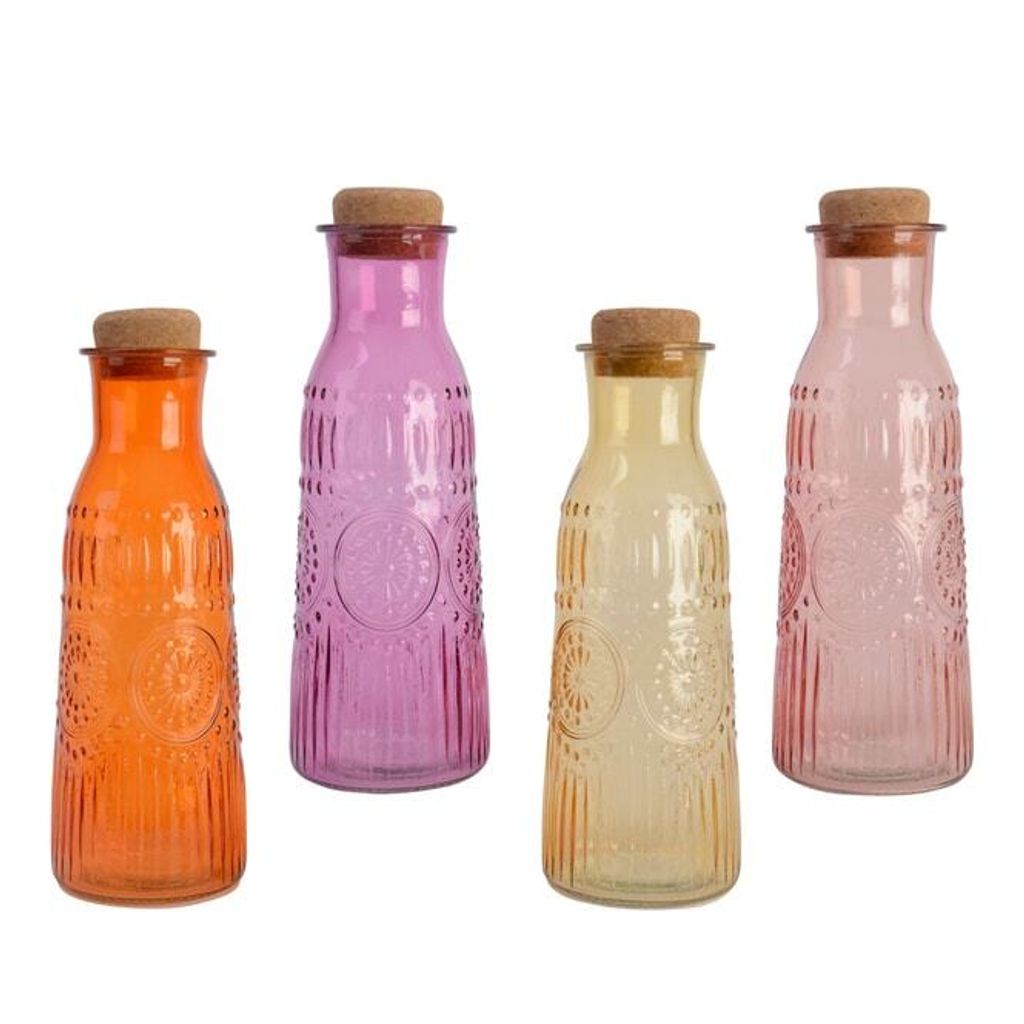 Four colored glass bottles with cork stoppers are arranged on a white background.