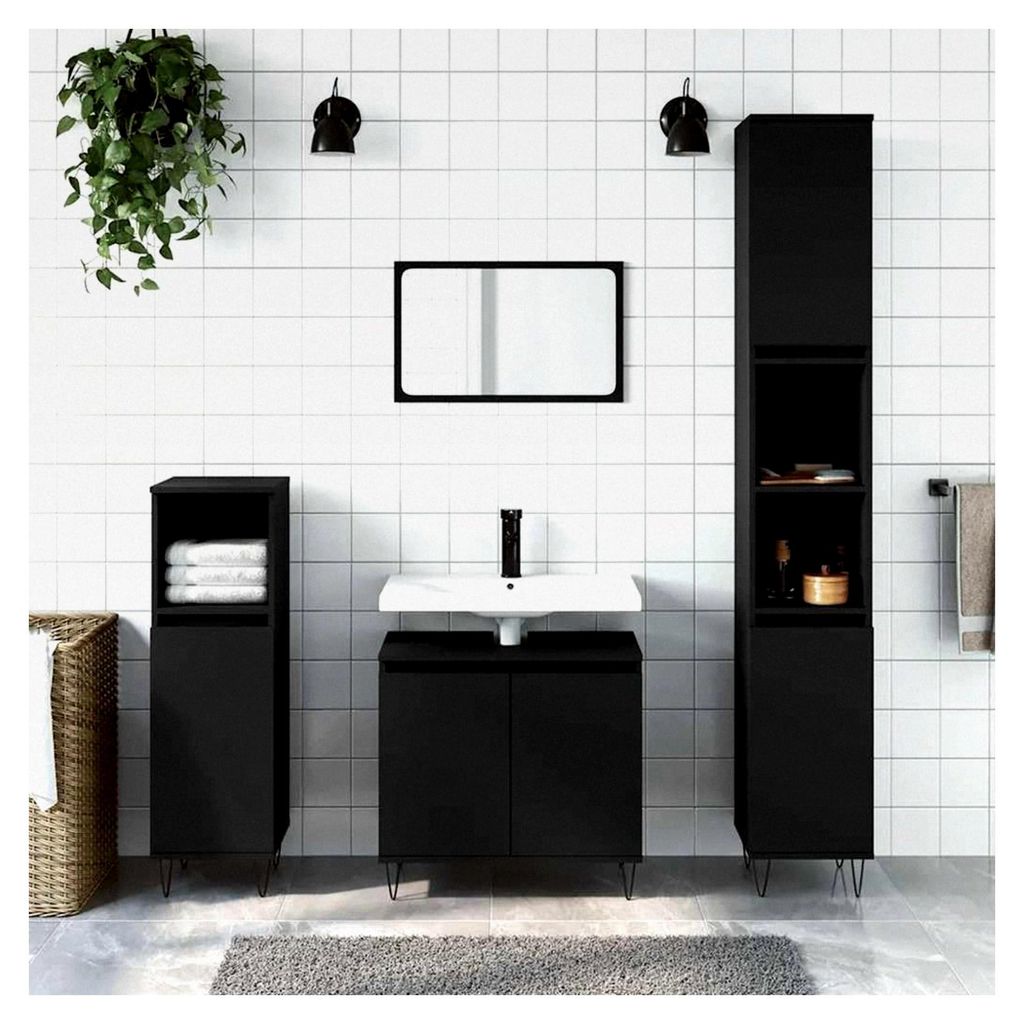 Badezimmerschrank, Waschbeckenunterschrank mit viel Stauraum, Badschrank mit Eisenfüßen, Badmöbel, Schwarz Holzwerkstoff