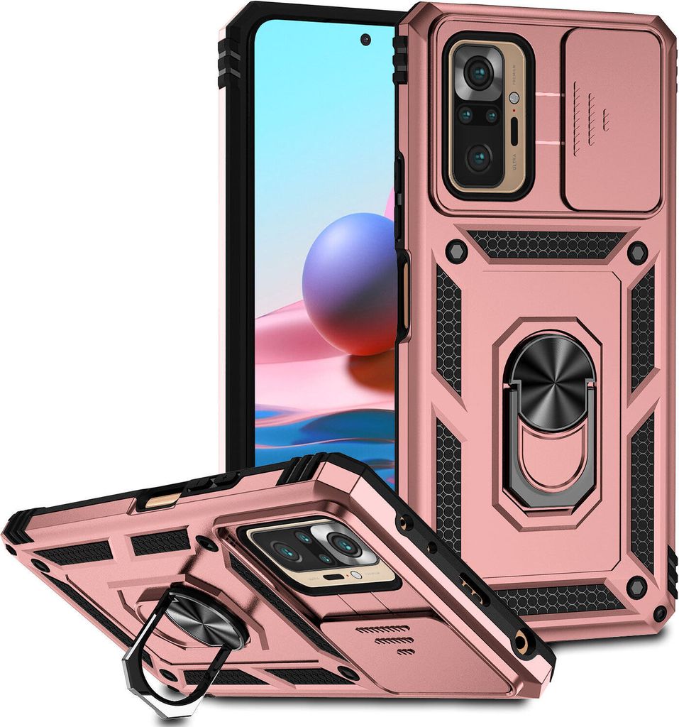 Redmi Note 10 Pro Hülle mit Schiebe Kamera Schutz und Ringhalter Ständer Robust Rüstung Schutzhülle für Xiaomi Redmi Note 10 Pro/10 Pro Max Pink