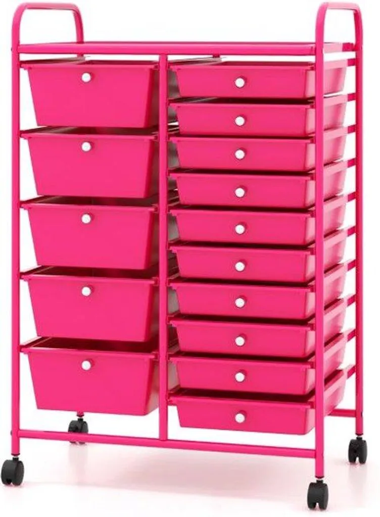 Chariot à roulettes rose à 15 compartiments modulables pour rangement