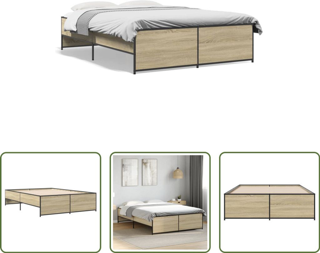 The Living Store Bettgestell Sonoma-Eiche 135x190 cm Holzwerkstoff und Metall
