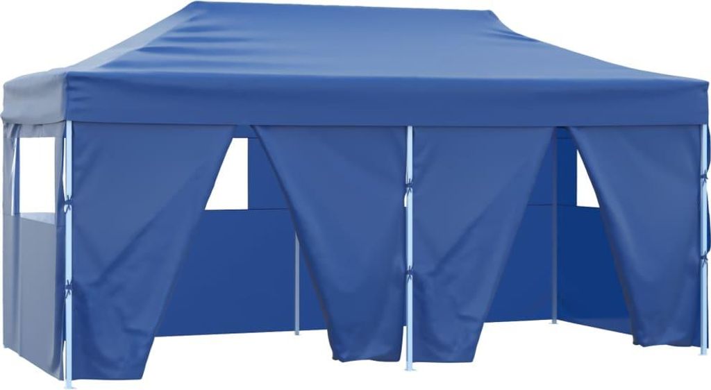 A blue party tent with four side walls is shown against a white background.