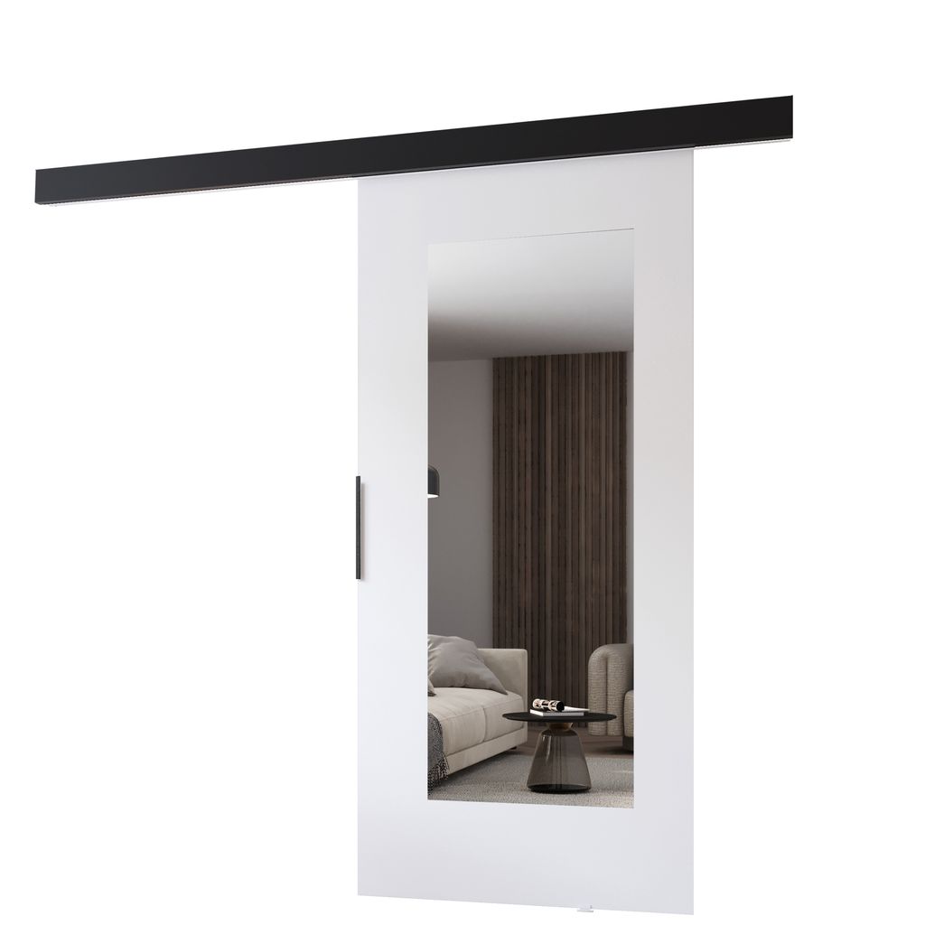 MINIO go for it, Schiebetür, „PRIM I“, Innentür, Türen, mit Spiegel, schwarzer Griff, 86 cm, Weiß / Schwarze Farbe