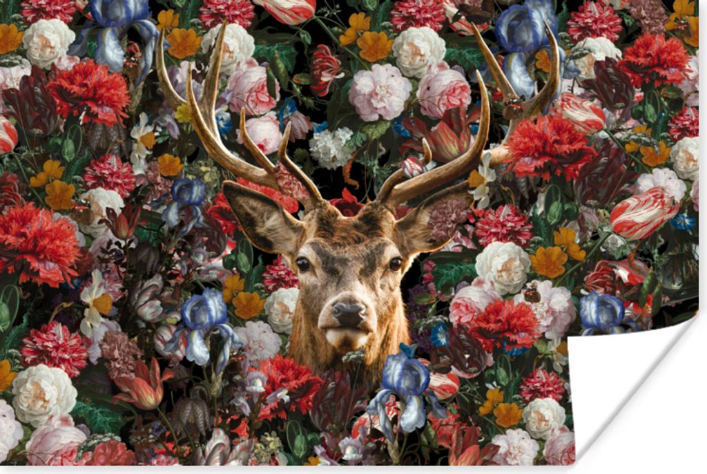 MuchoWow Poster Hirsche - Geweihe - Blumen 90x60 cm - Schlafzimmer