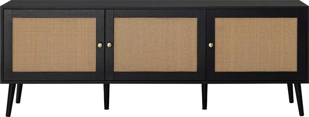 Grand Banc TV Noir 167 cm avec Portes en Cannage Naturel Style Goto