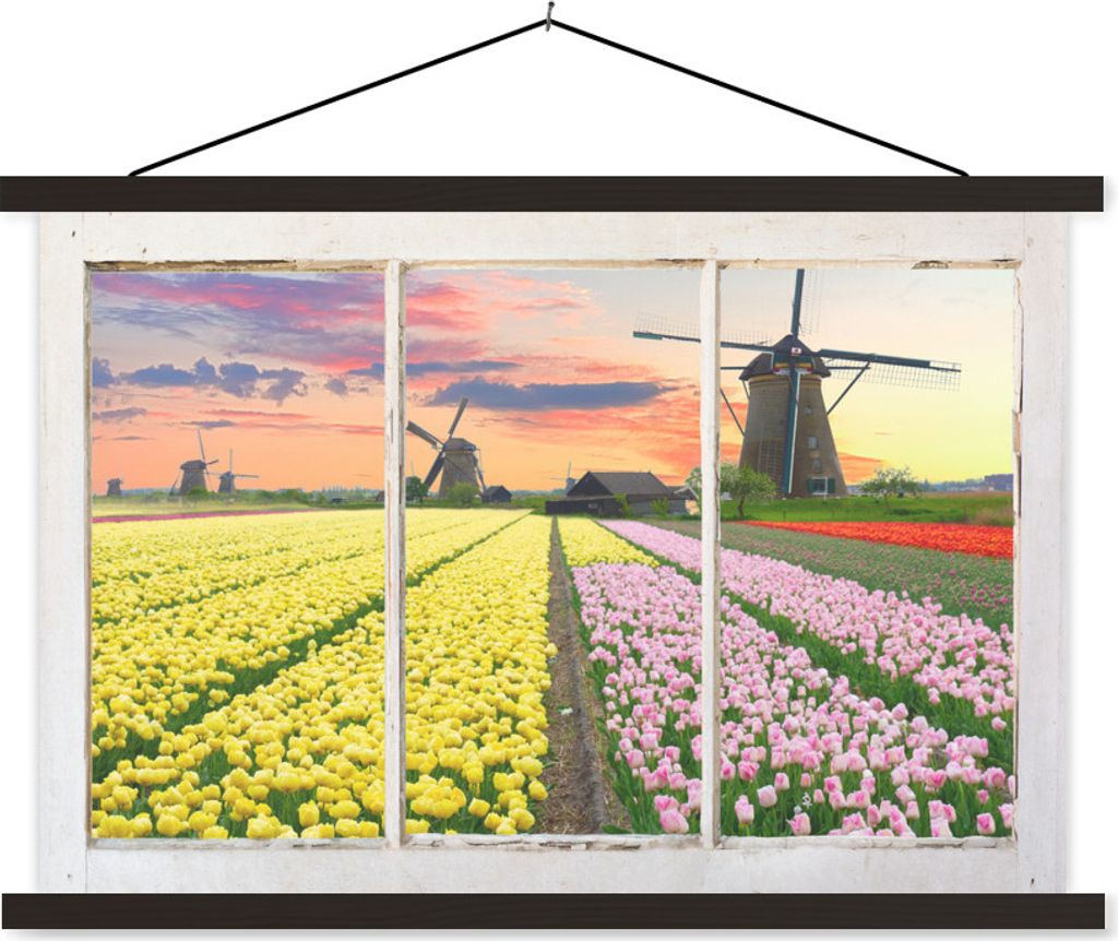 MuchoWow Textilposter Ansicht - Tulpen - Mühle 150x100 cm mit schwarzem Rahmen - Schlafzimmer
