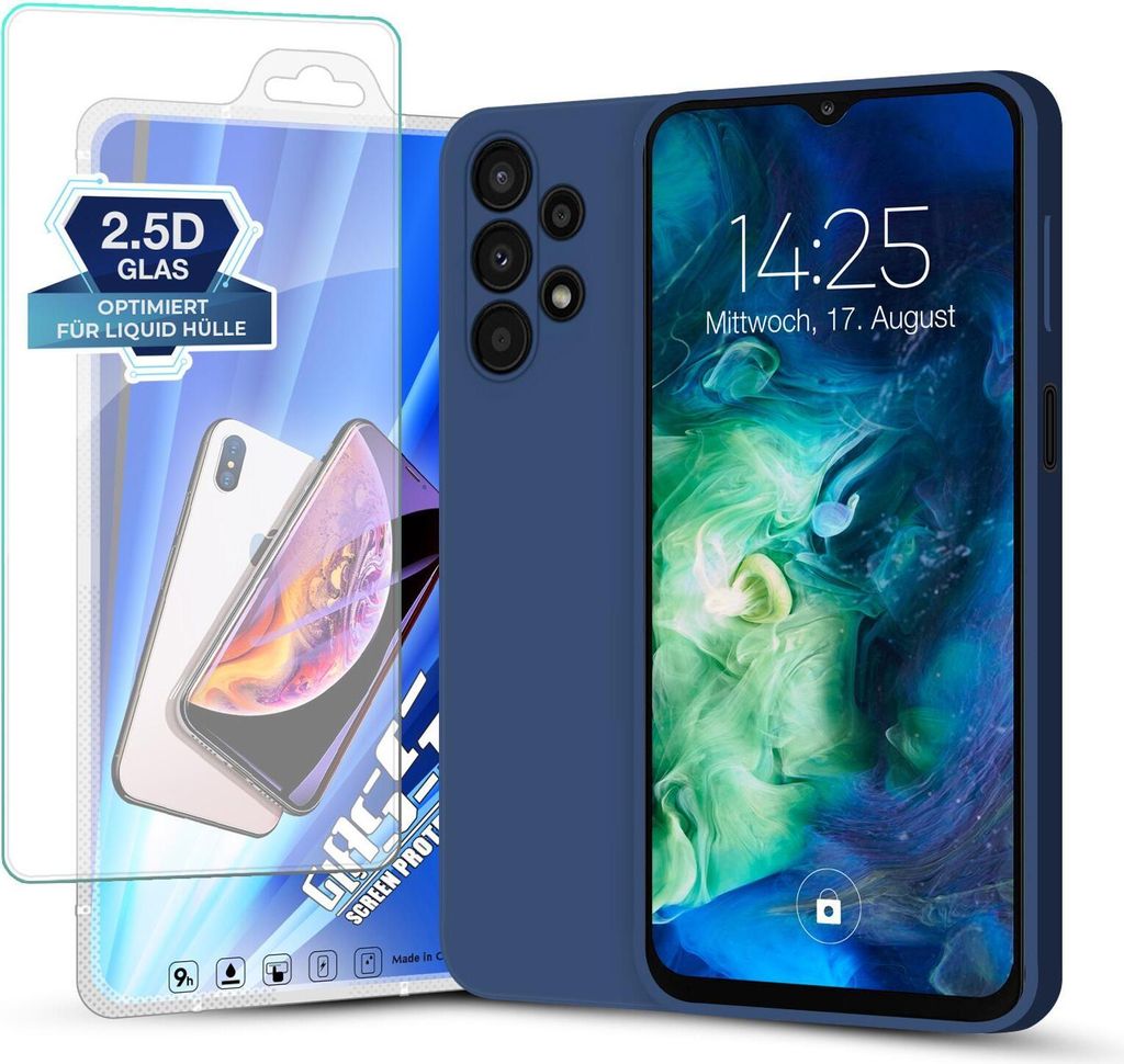 Hülle für Samsung Galaxy A13 mit 9H Displayglas Displayschutz Plus Case Cover Bumper Silikon Softgrip Schutzhülle Farbe: Blau