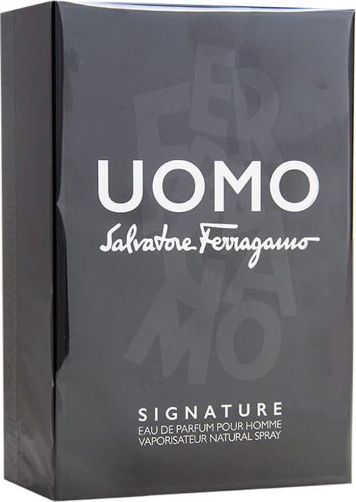 A black box of Salvatore Ferragamo Uomo Signature Eau de Parfum for men.