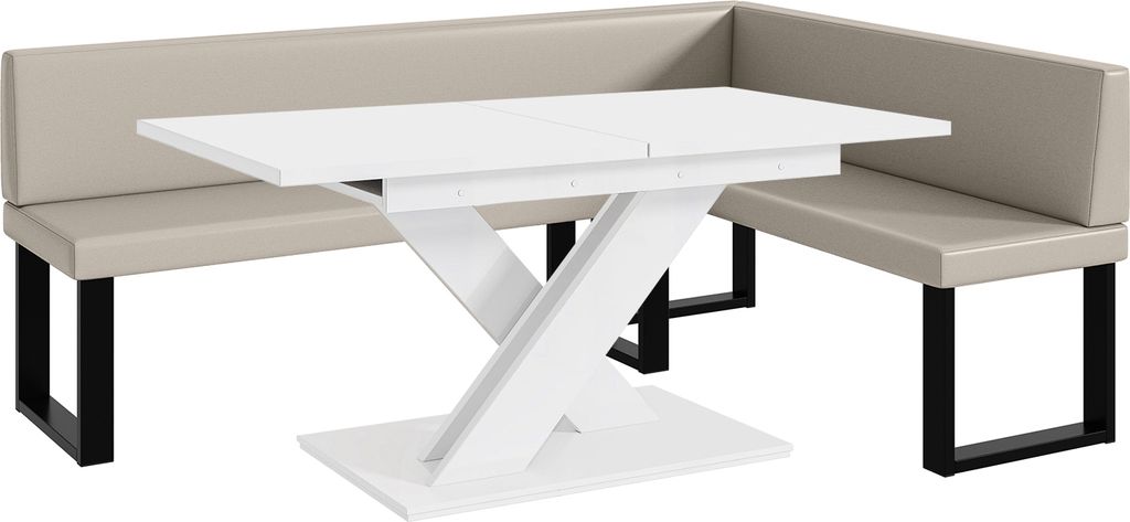 MEBLINI Eckbank für Esszimmer mit ausziehbarem Tisch - Küchenbank - Essecke - Sitzecke Küche - TONI - U-Beine 142x196x87cm Rechts - Beige Kunstl...