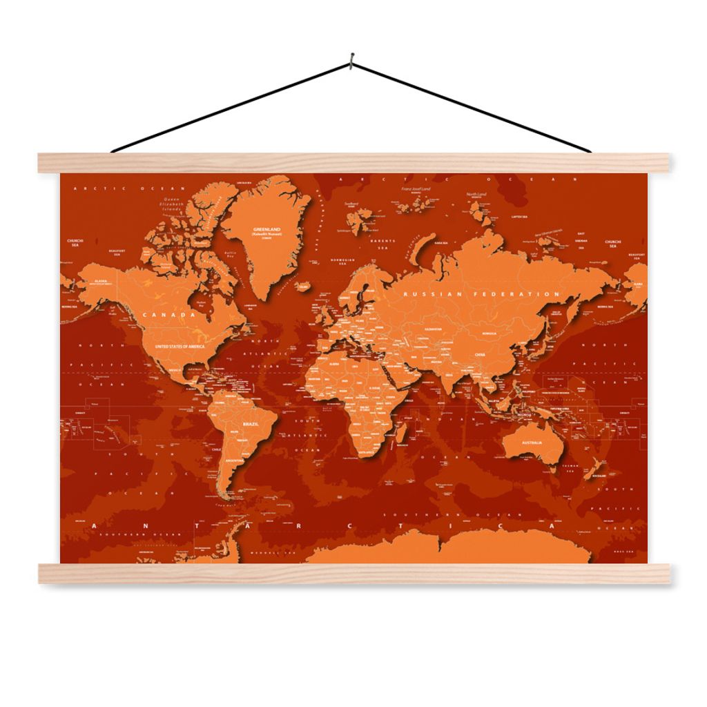 MuchoWow Textilposter Weltkarte - Trendy - Rost 120x80 cm mit holzfarbenen Rahmen - Aufhängeset