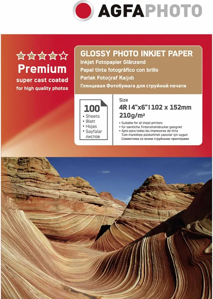AgfaPhoto Carta Fotografica Lucida 10x15 210g 100 Fogli per Inkjet