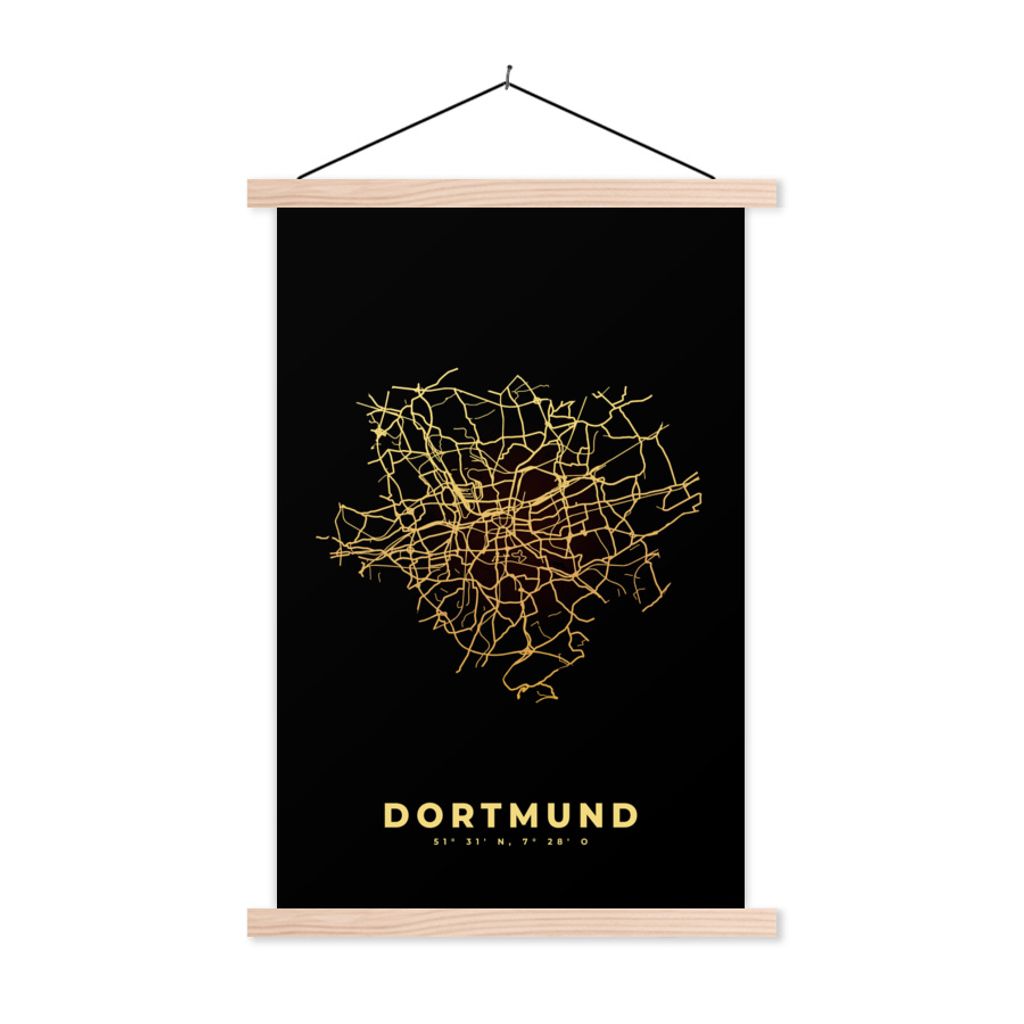 MuchoWow Textilposter Dortmund - Gold - Karte - Stadtplan 120x180 cm mit holzfarbenen Rahmen - Textil-Plakat