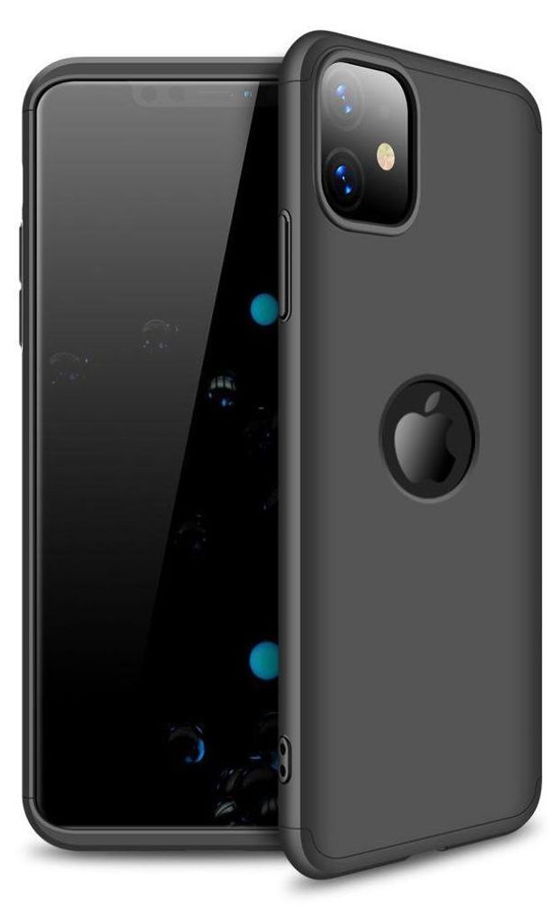 A black iPhone 11 case with the Apple logo is shown.