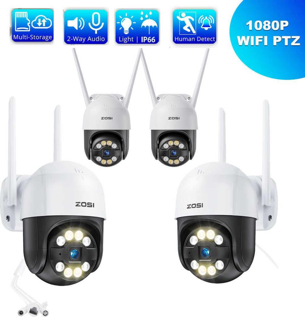ZOSI 4er 3MP 2K Überwachungskamera Aussen WLAN Set, 355°/140° Schwenkbar IP Kamera mit Plug-in Strom, Auto Tracking, Farbnachtsicht, 2-Wege Audio,