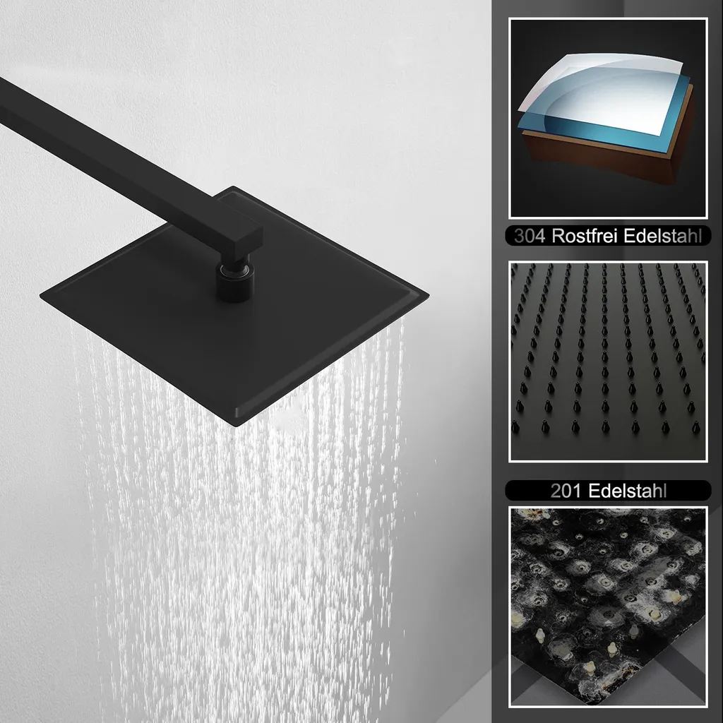 Soffione Doccia JOHO 20x20 Inox Nero - Installazione Facile G1/2 - 3