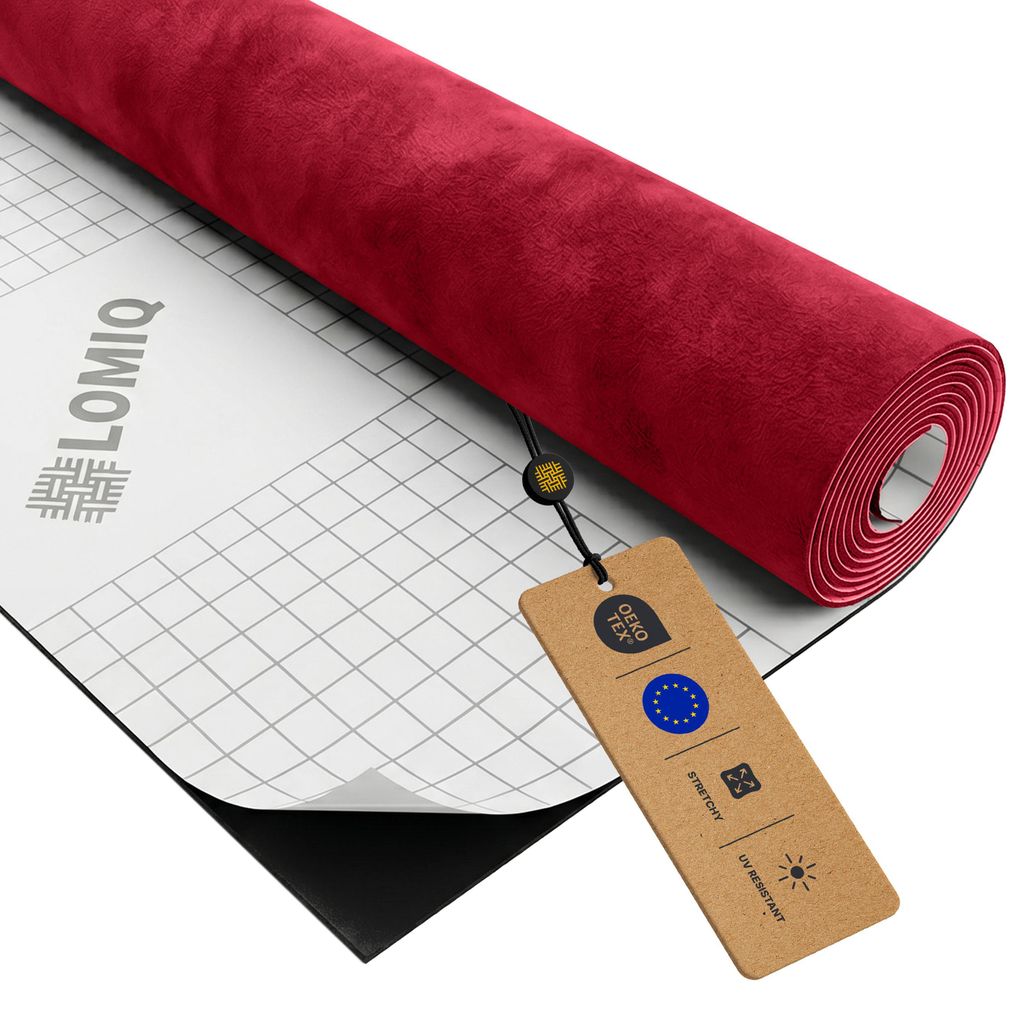 LOMIQ Mikrofaserstoff Selbstklebend, 150x150cm, Dunkelrot, Wildleder Optik, Elastische Klebefolie für Autohimmel, Cockpit und Innenverkleidung, We...