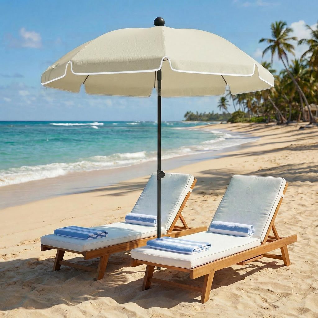 Sonnenschirm Strand faltbar wasserabweisend, Strandschirm, Polyester, Beige | Ø 150 cm | Sandanker + Neigung verstellbar | 1,5 kg