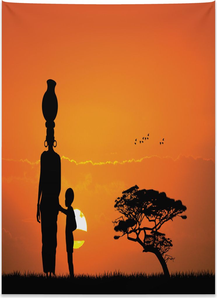 Abakuhaus Afro Wandteppich, Kind und Mutter in der Wüste aus Weiches Mikrofaser Stoff Kein Verblassen Klare Farben Waschbar, 110 x 150 cm, Orange ...