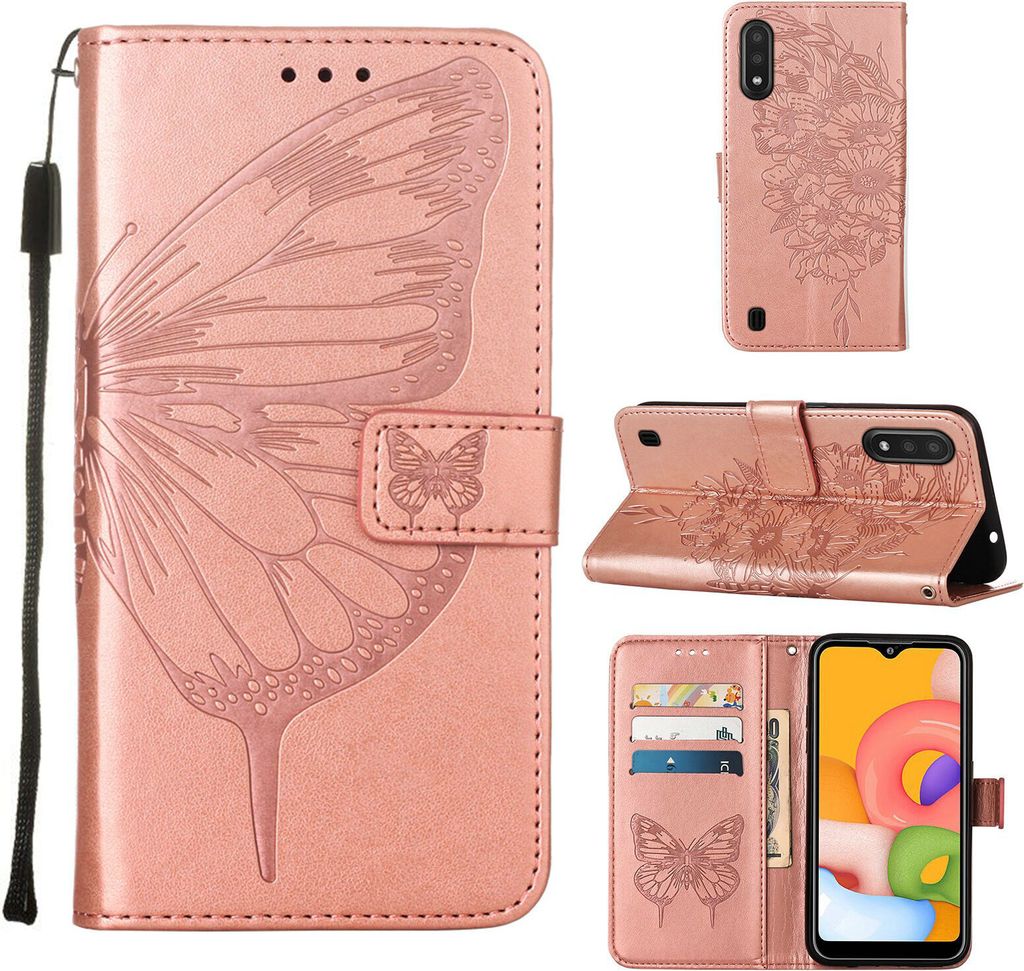 Galaxy A01 Hülle, Schmetterling Prägung Flip Leder Kartenfächer Schutzhülle Ledertasche mit Ständer für Samsung Galaxy A01 Roségold