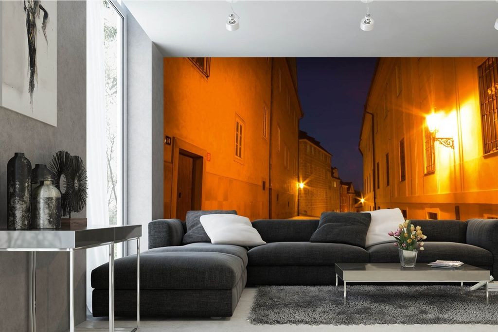 Vlies Fototapete NACHTSTRAßE IN PRAG 375 x 250 cm (inkl. Kleister) - Vlies Tapete, Wandtapete, Wandbilder - Tapete für Wohnzimmer Schlafzimmer, B...