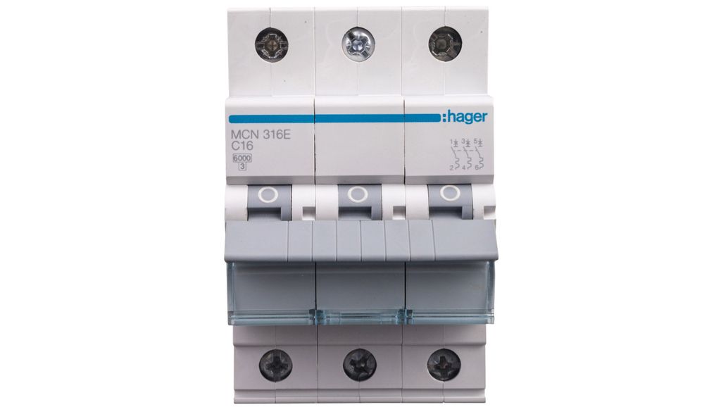 A close-up, front-facing studio shot of a three-pole circuit breaker.