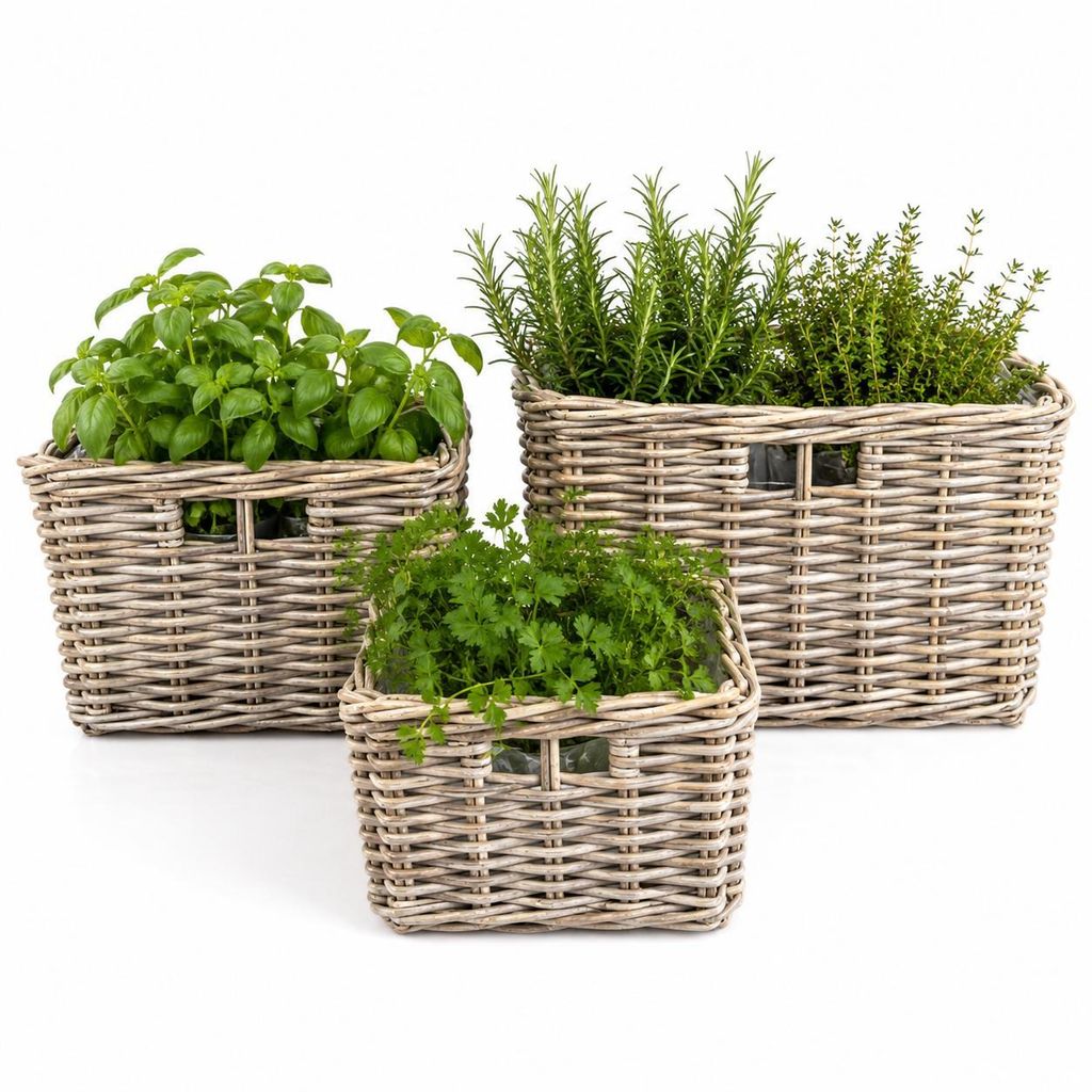 Rattan Pflanzkorb 3er Set – Blumentopf / Übertopf Kubu Grau Produktbild 