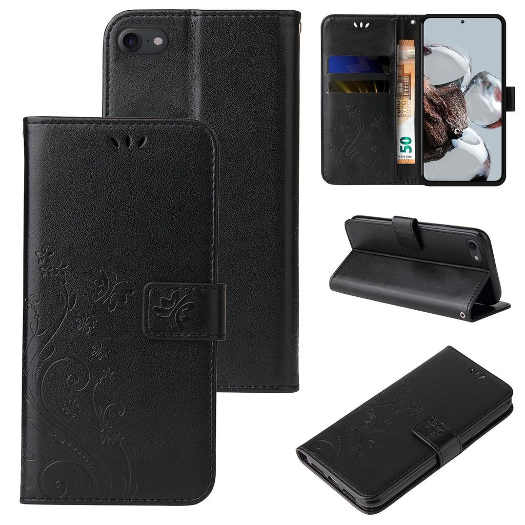 Handyhülle für Apple iPhone 7 / 8 / SE 2020 Floral Blumen Schmetterling Flip Cover Hülle Case Klapphülle Handytasche Farbe: Schwarz
