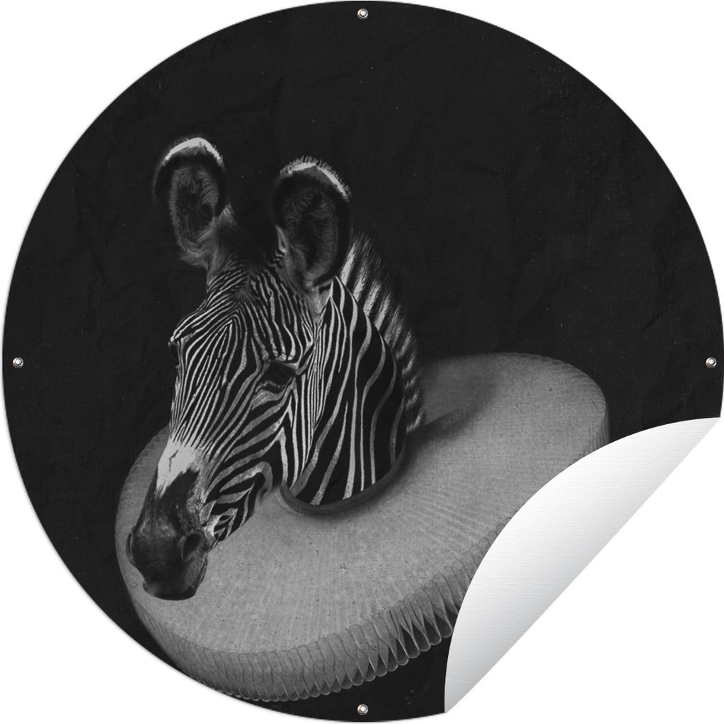 MuchoWow Gartenposter Outdoor-Poster Rund Zebra - Malerei - Schwarz - Weiß Ø 120 cm Gartendeko Rundes Poster draußen