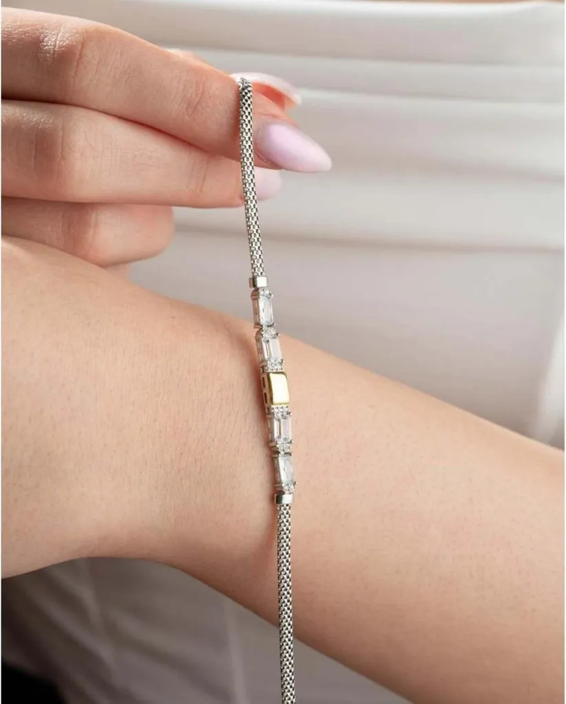 Bracelet chevron en argent 925 pour femme avec zircons baguettes