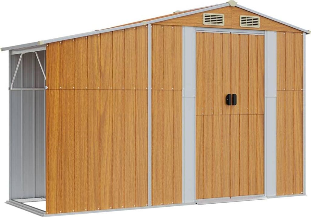 A brown and silver metal shed with double doors.