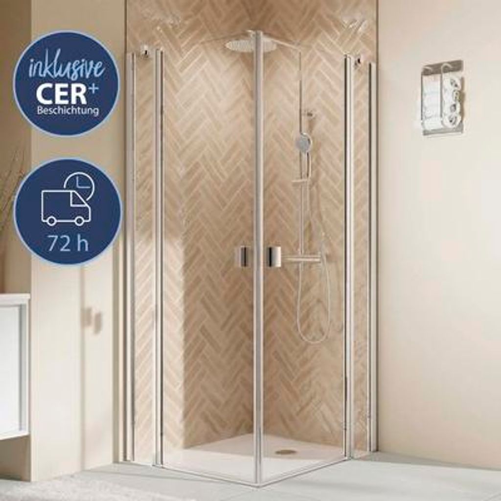 Eckeinstieg mit Drehtür mit Festteil BREUER Elana 2.0 Express Q72 Profil eckig 90 x 90 x 200 cm Profil chrom Klarglas sc