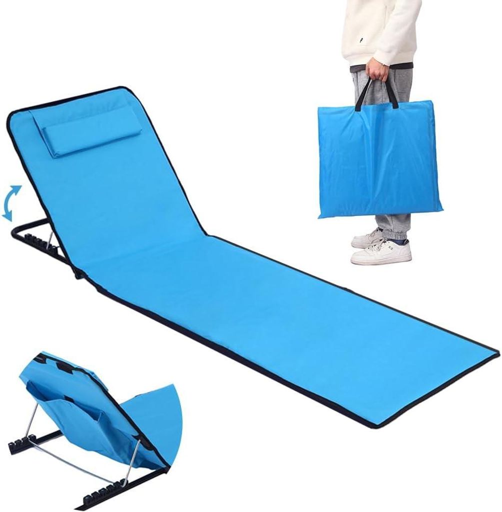 Klappbare Strandmatte mit Rückenlehne und Kopfpolster - robuste Strandliege faltbar Sonnenliege Strand Liege mit Tragetasche, Blau, 150x48cm