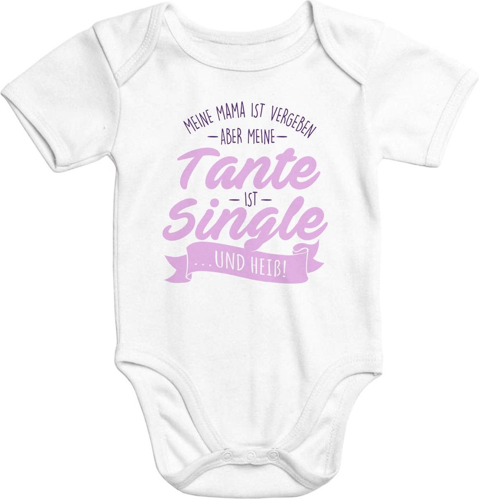 Kurzarm Baby Body Meine Mama ist vergeben aber meine Tante ist single und heiß Spruch lustig Moonworks weiß-rosa 3-6 Monate