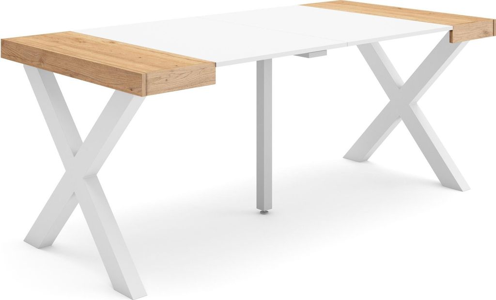 Ausziehbarertisch, 180x90x73cm, Für 8 Gäste, Massivholz Beine, Eiche und weiß