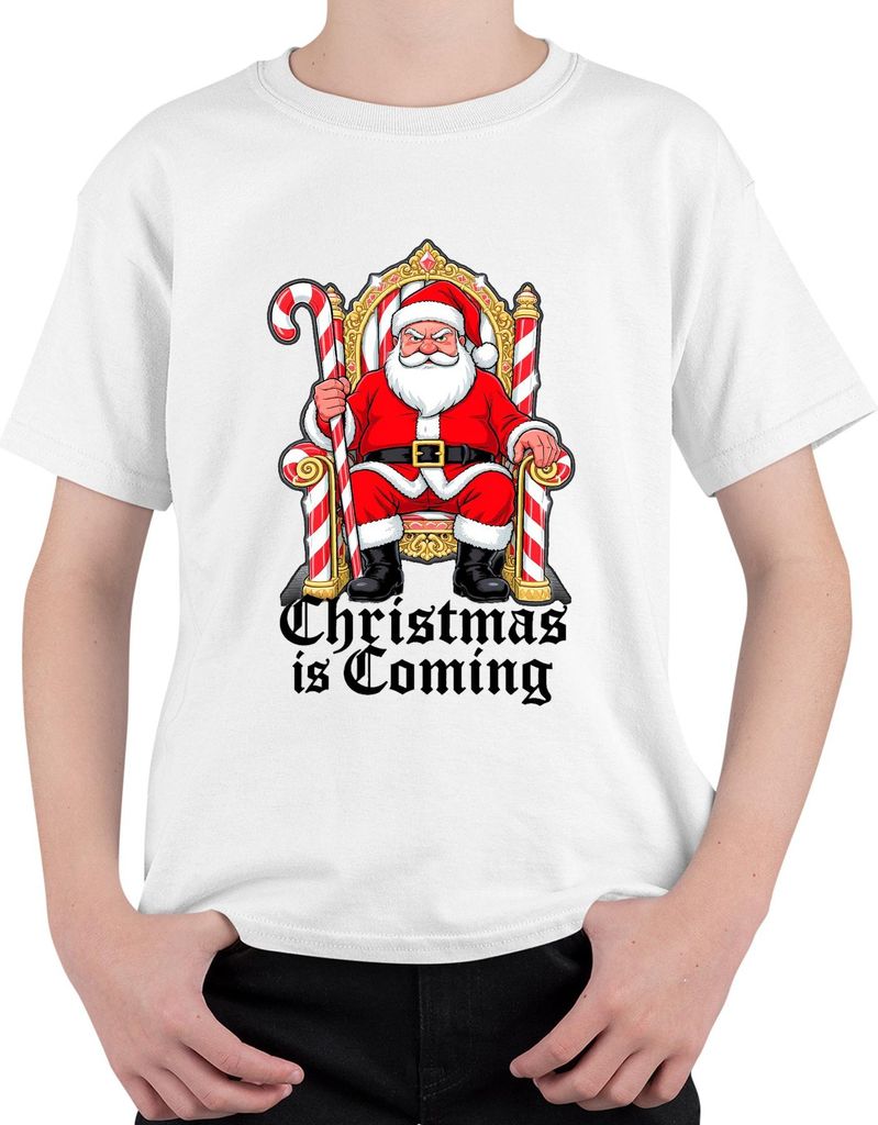 Christmas is Coming Weihnachtsmann Thron Zuckerstange Gothic Retr Uni Kinder T-Shirt, Weiß, 128