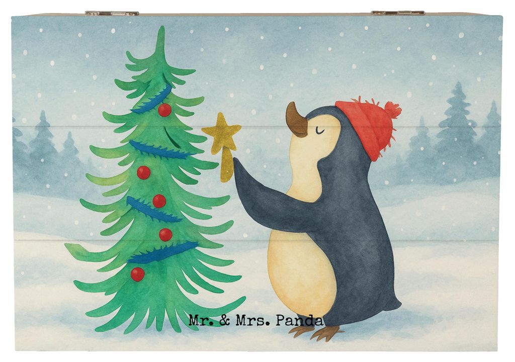 Mr. & Mrs. Panda Box Pinguin Weihnachtsbaum Design 22 x 15 cm - Weiß - Geschenk, Schatzkiste, Aufbewahrungsbox aus Holz, Weihnachten, Holzkiste mi...