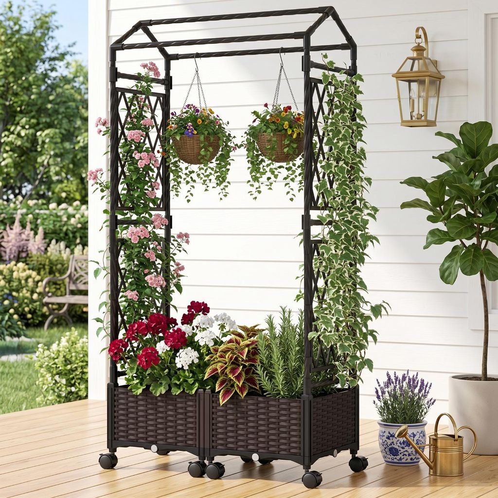 Zerbaco Blumenkasten, mit Rankgitter, auf Rollen, fahrbar, 154x40x162 cm, braun