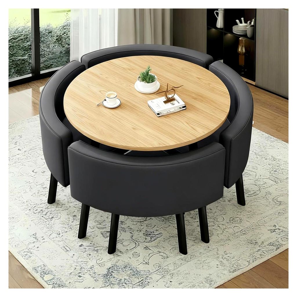 Essgruppe 5-teilig, runder Esstisch mit 90 cm Durchmesser und Stühlen für 4 Personen, MDF-Platte, gepolsterte Sitze mit Kunstlederbezug, Essgrupp...