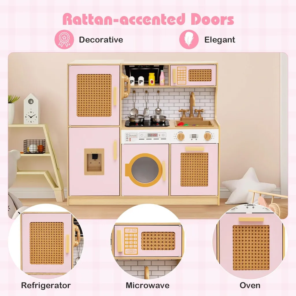 Grande dinette en bois pour enfant avec frigo et distributeur eau jaune
