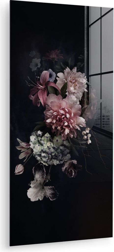 MuchoWow Glasbilder - Bilder auf Wandbild - Foto auf Glas Blumen - Vintage - Pastell - Schwarz - Blumenstrauß 40x80 cm Wanddekoration aus Glas - A...