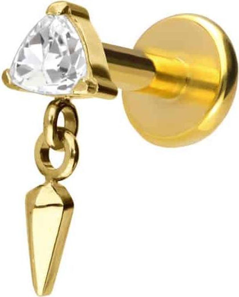Ohrpiercing, Nasenpiercing Titan Labret mit Push Fit KRISTALLDREIECK + SPITZE Gold Stablänge: 5mm | Stabstärke: 1,2mm