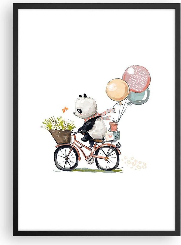 Gerahmtes Poster - Schwarzer Rahmen - Panda Fahrrad Kinder - 50x70 cm - Wand Bild - Wanddeko - Wandbilder - Kunstposter - Wandposter - Bilderrahmen...
