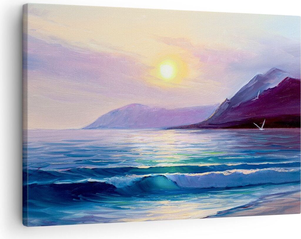 Bild auf Leinwand - Leinwandbild - Berge Meer Welle - 70x50cm - Wand Bild - Wanddeko - Wandbilder - Leinwanddruck - Bilder - Kunstdruck - Wanddekor...