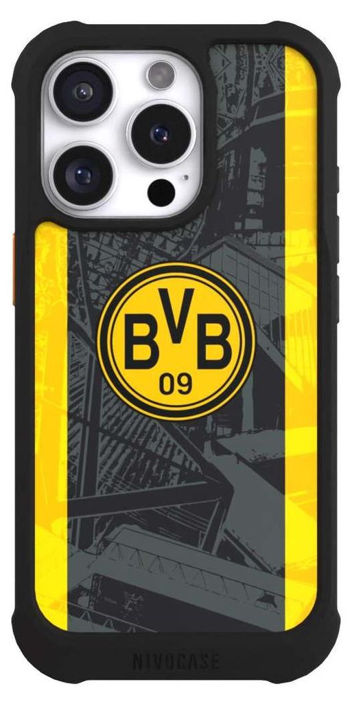 NIVOCASE Hülle für Apple iPhone 16 Pro Stoßfeste Handyhülle NIVOmax Case Schwarz BVB Borussia Dortmund Stadion