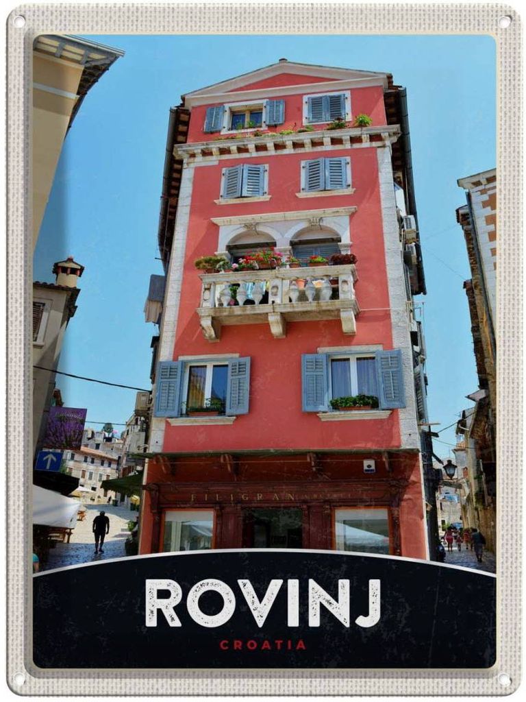 vianmo Blechschild 40x30 cm Rovinj Kroatien Urlaub Haus rot Blumen Bildmotiv Reisemotiv Abenteuer Reisen Europa
