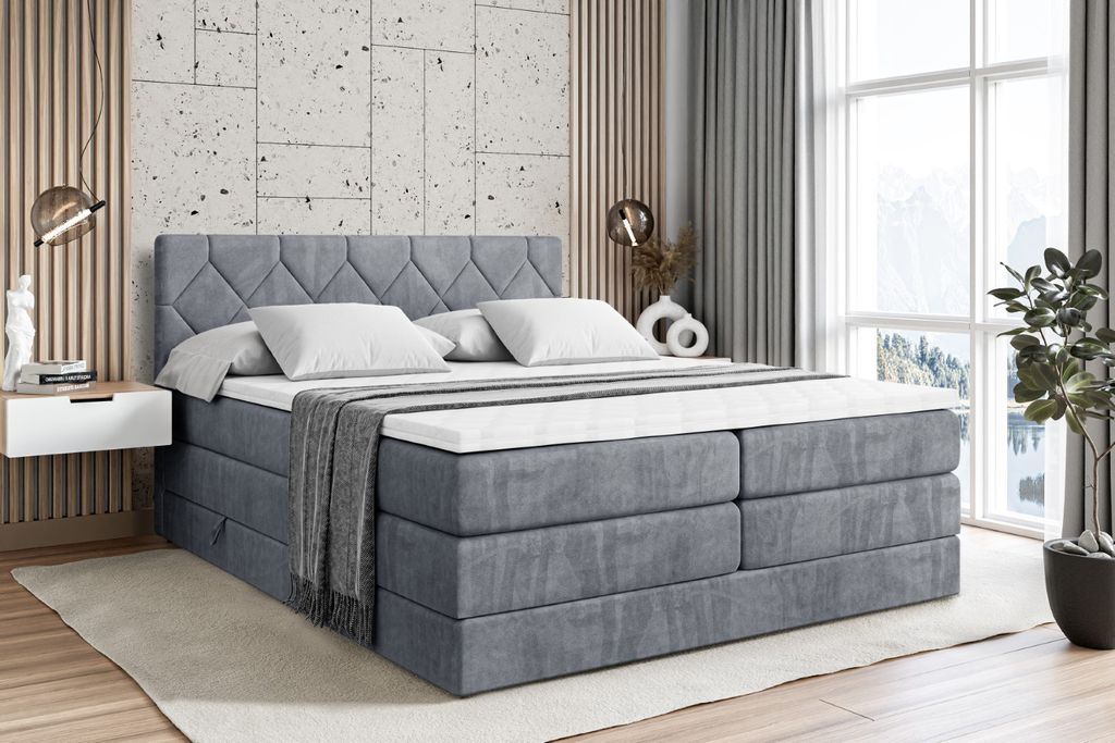 ALTDECOR Boxspringbett mit 2 Matratzen und Topper - 160x200 cm - CATOR KING - Grau Samt - Polsterbett mit, H3- und H4- Matratzen, Bettkasten und La...